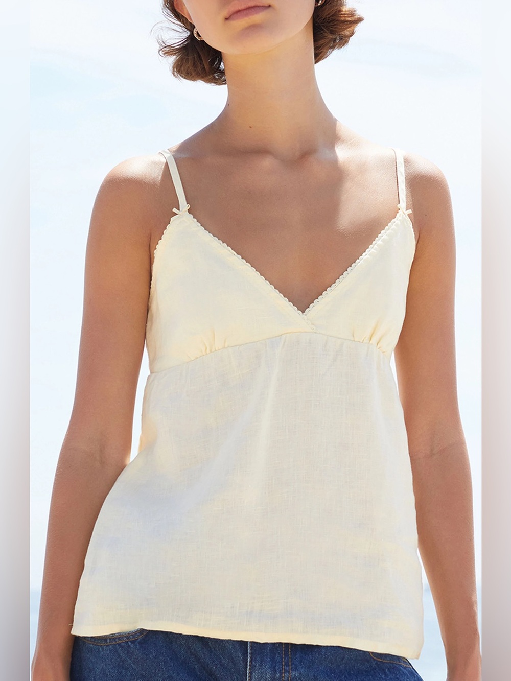 Brandy Melville Light Yellow Edith %100 Linen Spaghetti Strap Tank Top w Bows SM